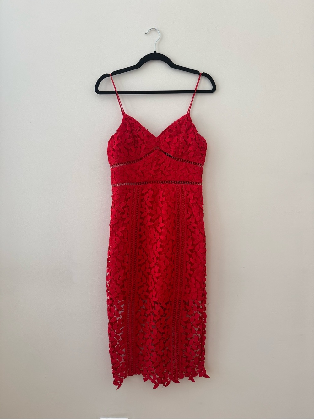 Bardot Red Lace Midi Dress with Spaghetti Straps